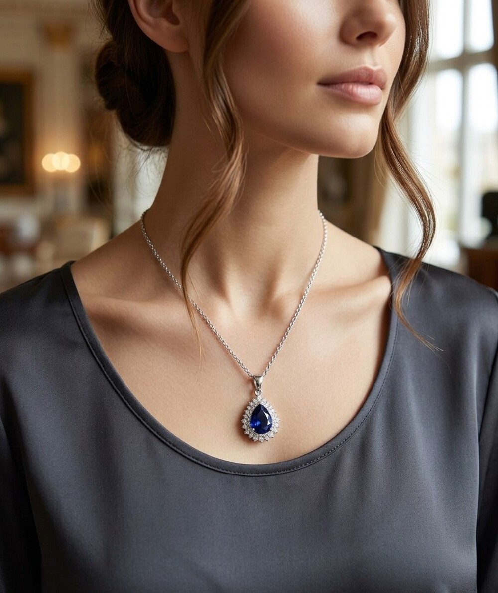 Necklace Vintage Sapphire Clear Crystals 18" Pendent